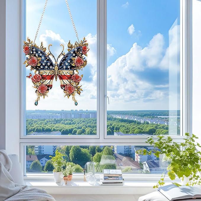 KEYIFA American Flag Hanging Diamond Art Painting Kits for Adults and Kids Age 8-12, 5D Special Shape Diamond Dots Kit Butterfly, Crystal Gem Painting Art Crafts for Window, Wall, Door, Garden Decor