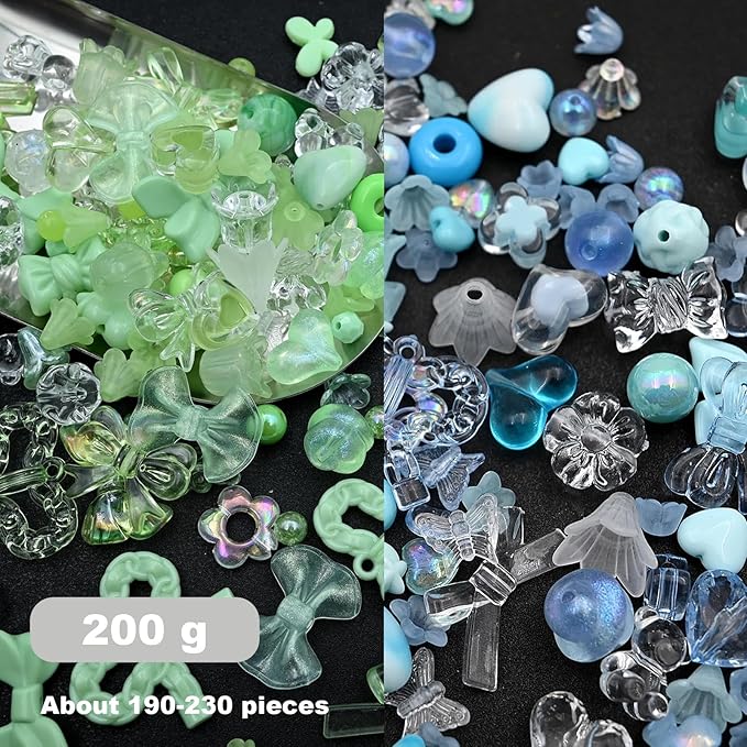 190-230PCS Assorted Acrylic Beads for Bracelet Making Kit, 200g Blue and Green Cute Beads for Keychain Making, Kandi Charms, Kawaii Jewelry Making, DIY Crafts