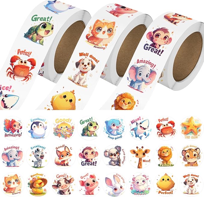 3 rolls animal stickers for kids, 1500 pcs kids stickers bulk for toddlers 2-4, 24 designs farm/ocean/wild cute sticker with motivational words for kid reward, school supplies (1.0 inch)