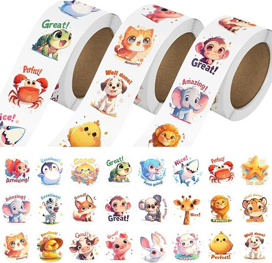 3 rolls animal stickers for kids, 1500 pcs kids stickers bulk for toddlers 2-4, 24 designs farm/ocean/wild cute sticker with motivational words for kid reward, school supplies (1.0 inch)