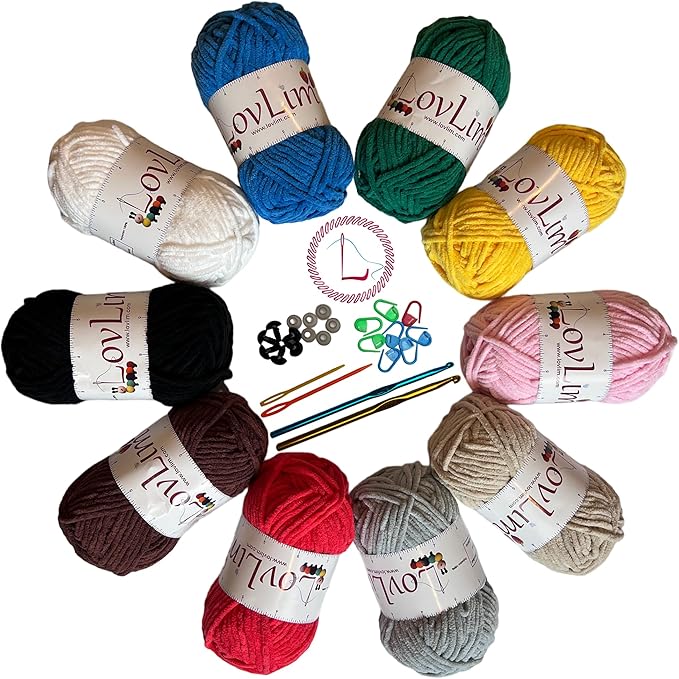 Chunky 5 Chenille Yarn kit, 10x50g Soft Yarn Skeins, 600+ Yard, Crochet,Knitting and Amigurumi, Free Patterns, Needles, Accessories, Bag, Ideal Starter Kit for Kids Adults Beginner Experts