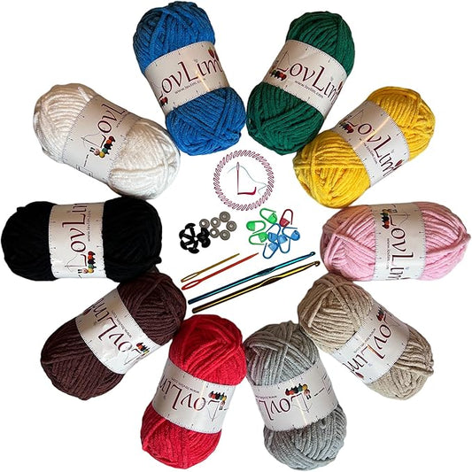 Chunky 5 Chenille Yarn kit, 10x50g Soft Yarn Skeins, 600+ Yard, Crochet,Knitting and Amigurumi, Free Patterns, Needles, Accessories, Bag, Ideal Starter Kit for Kids Adults Beginner Experts