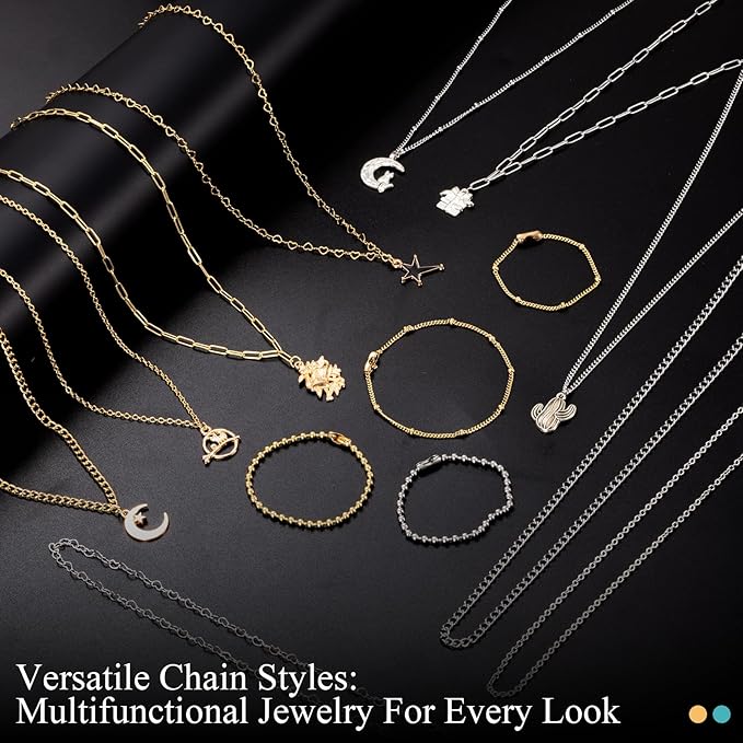 HUISUYTON Necklace Chain for Jewelry Making,45.93 FT 14 Rolls Stainless Steel Jewelry Chains Bulk with Jump Rings, Lobster Clasps, Connectors for DIY Necklace Earring Bracelet