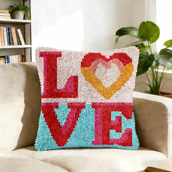 Cozykeke Love Latch Hook Kit,DIY Pillow Cover Cushion Craft Kits with Pre-Printed Canvas for Adults and Beginners, Suitable for Home Decor and Festival Gift 17 * 17in (BX913)