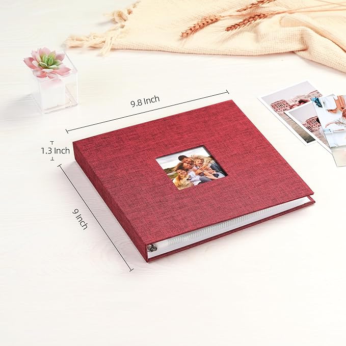 Mublalbum 8x8 Inch DIY Scrapbook Photo Album with 20 Plastic Sleeves 40 Pages Linen Cover 3 Ring Folder Binder for Wedding Baby Family and DIY Projects (Red)