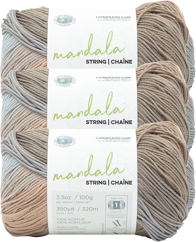 Lion Brand Yarn Mandala String, Fingering Yarn for Knitting and Crochet, Ballad, 3 Pack