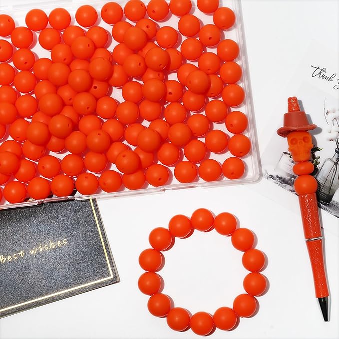 120pcs 15mm Bulk Silicone Beads for Pens, Keychains, Necklaces and Bracelets Making, Assorted Rubber Beads Set (Orange)