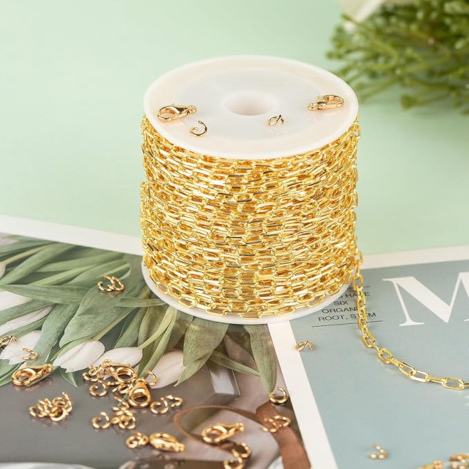 KYUNHOO 32.8 Feet Small Paperclip Chain Spool Light Gold Plated Chain Bulk Soldered Cable Link Craft Chain for Necklace Bracelet Ankle Jewelry Making with Jewelry Clasps