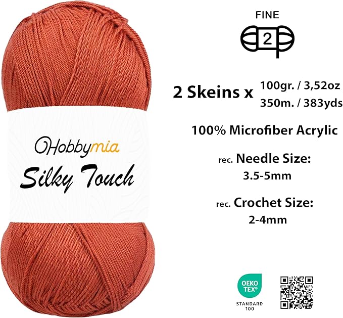 Silky Touch Acrylic Yarn - Soft Sport Weight Yarn for Crochet & Knitting - 100g / 383yds - 100% Microfiber Acrylic - Lightweight Fine Smooth Yarn(Red - Rust, 2 Skeins)