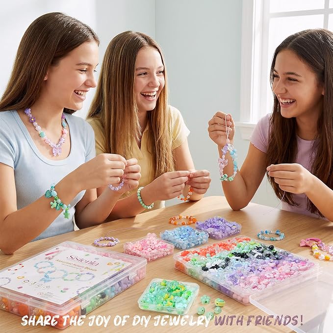 480Pcs Assorted Beads Bracelet Making Kit with String, 6 Colors Cute Stuff Acrylic Charms for Jewelry Making Crafts Kawaii Bow Star Flower Shaped Bead for DIY Keychain Bag Lipgloss Charms
