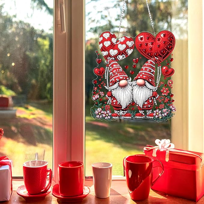 Valentine's Day Diamond Art Hanging Ornaments Kits for Adults, Gnome Diamond Painting Pendant Kits, DIY Acrylic 5D Special Shaped Crystal Gem Art Painting Ornament for Home Wall Decor Gift 8x8 Inch