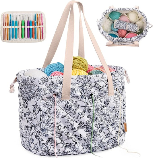 MYBAGZING Portable Crochet Bag Organizer with Crochet Hook Organizer Roll, Quilted Yarn Storage Tote with Grommets, Knitting Project Bag for Yarn & Accessories, Floral Craft Tote Gift for Crocheters