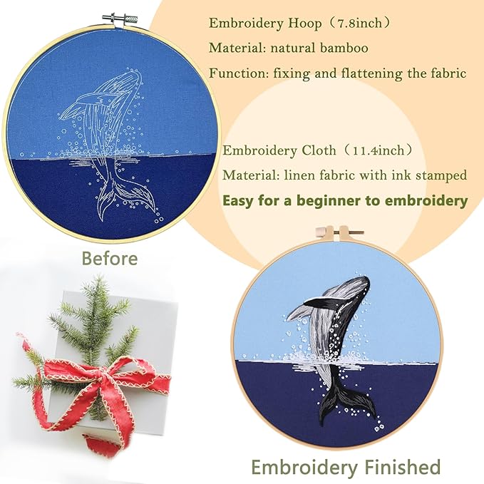 Picoey Embroidery Kit for Beginners with Animal Pattern and Instructions,4 Pack Cross Stitch Kits,2 Wooden Embroidery Hoops,Threads and Needles,Needlepoint Kit
