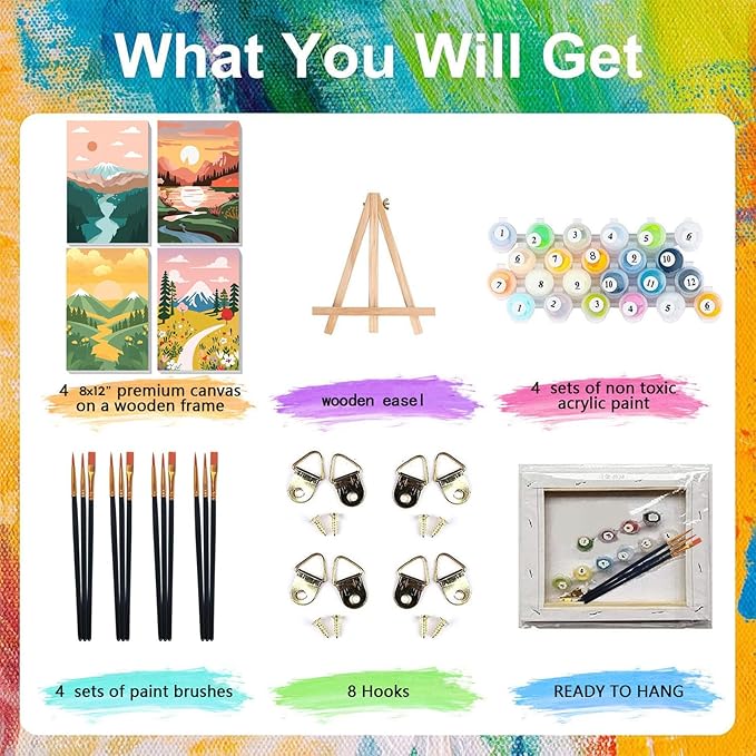xackcme 4 Pack Paint by Numbers for Adults with Framed Canvas - with Wooden Easel, Landscape Paint by Number for Beginners, Easy Acrylic Oil Painting Kits with Brushes for Home Wall Decor (8x12 inch)