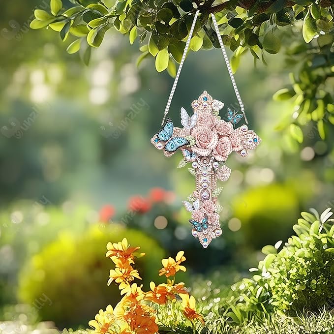 Yunzlly DIY Hanging Diamond Art Pendant Kit, Special Crystal Double Sided Diamonds Painting Ornament Kit for Adults, Acrylic Gem Painting Board for Window&Door&Wall (Cross)