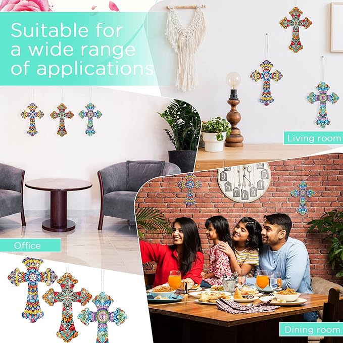 Faccito 3 Pcs Cross Diamond Art Painting Hanging Kit for Adult DIY 5d Crystal by Number Mandala Cross Rhinestone Pendant Acrylic Mosaic Wall Ornament Gift for Easter Religious Christians Woman