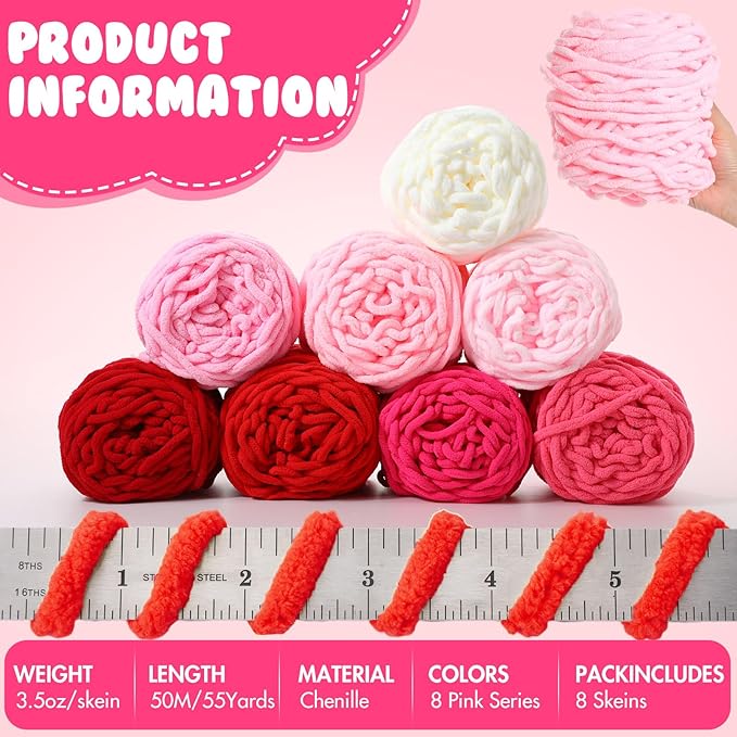 Buryeah 8 Pack Chunky Chenille Yarn for Crocheting Soft Thick Fluffy Yarn for Hand Knitting Bulky Velvet Blanket Plush for Weaving DIY Crafts Each 3.5 oz 55 Yards (Pink Series)
