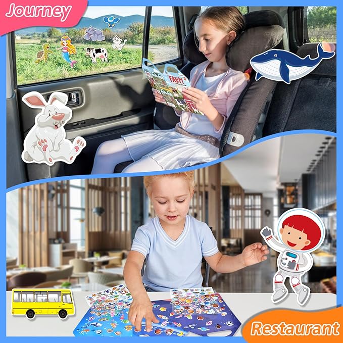 cosomia 6 set (260pcs) puffy sticker books activity for kids, animal, farm, dinosaurs, space, vehicle, ocean, 3d reusable stickers for boys and girls, travel sticker books for kids ages 3+