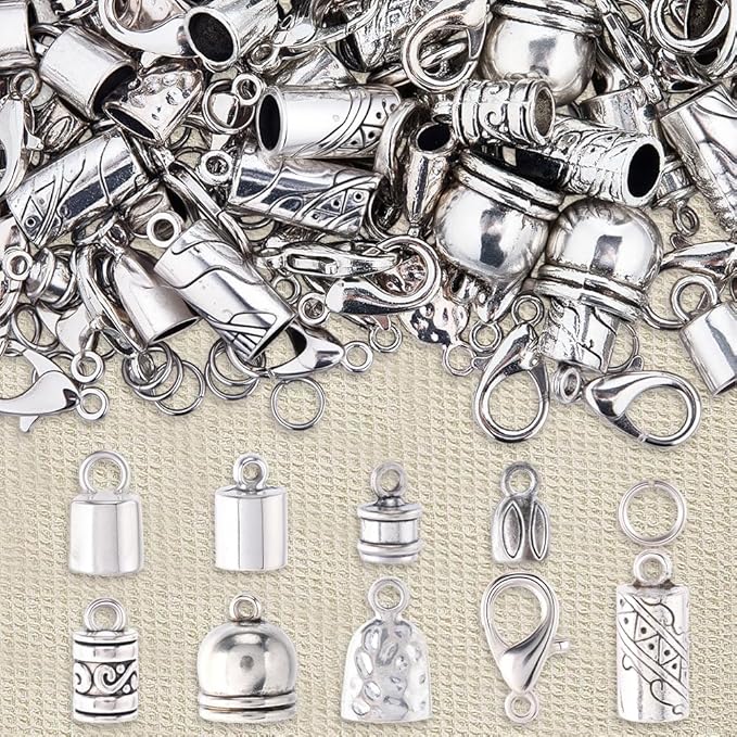 SUNNYCLUE 1 Box 230pcs Tassel Cord End Caps Kumihimo Cord Ends Antique Silver Tibetan Crimp Glue in Barrel Leather Thread End Terminator Tips with Lobster Clasp for Jewelry Making Kits Bracelets DIY