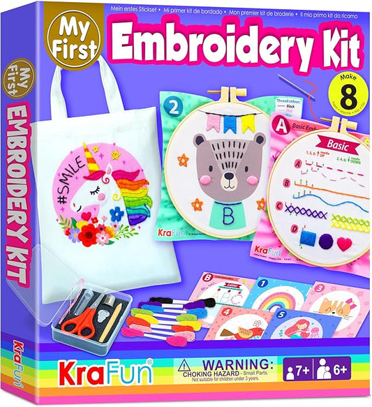 krafun beginner embroidery kit for kids & adults - learn to stitch starter set with 7 pre-printed patterns & tote bag - diy hand sewing practice project with hoop, tool box & instructions