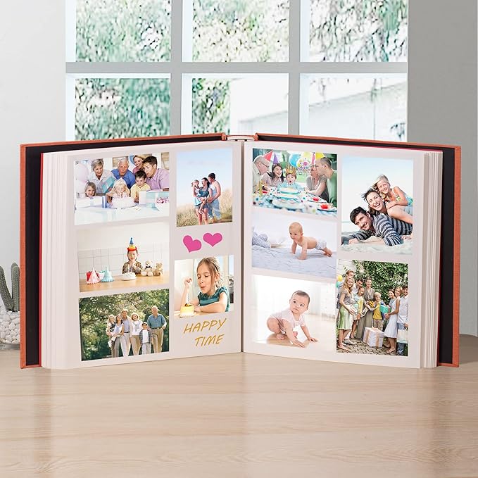 Large Photo Album Self Adhesive 4x6 5x7 3x5 8.5x11 Scrapbook Magnetic Album DIY Scrap Book Length 13 x Width 12.8 (Inches) 120 Sticky Pages Linen Cover DIY Photo Album (Orange)