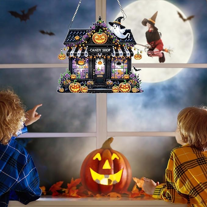 DIYDeligths DIY Hanging Halloween Pendant Ornament Diamond Art Painting for Adults Beginners with Accessories Single Sided Dot-Drill Pendant for Home Wall Window Garden Decor (Candy Store)