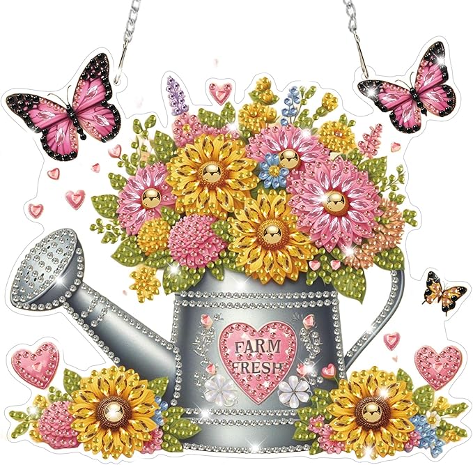 Bowetile Spring Diamond Art Hanging Kits for Adults, Diamond Art Suncatchers Flowers, 5D Special Shape Diamond Painting Farm Fresh Watering Can Pendant Window Ornament Gifts for Home Decor