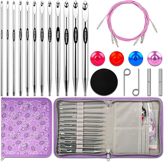 Tunisian Crochet Hooks Set - Tunisian Crochet Hook, Interchangeable Metal Tunisian Crochet Hooks Set with Cable, Tunisian Crochet Hooks, Nickel Plated Aluminum, Ergonomic 3mm-10mm, 26-Piece Set-Purple