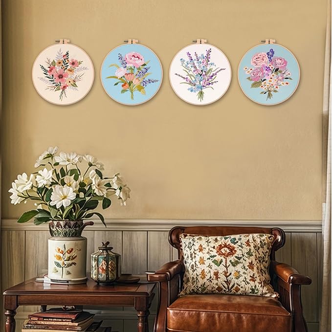 myfelicity embroidery kit, 4 flower pattern embroidery set with 4 patterns and 2 hoops, adult and beginner needlepoint kit with embroidery floss, needles, cotton fabric and instructions…