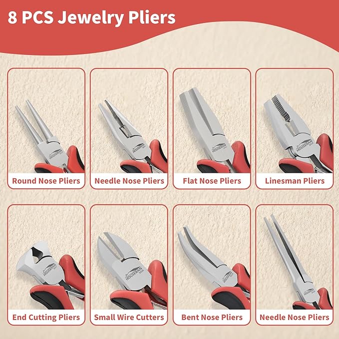 houseran 8 packs jewelry pliers set, jewelry making tools with needle nose pliers, wire cutters, round nose pliers, bent nose plier