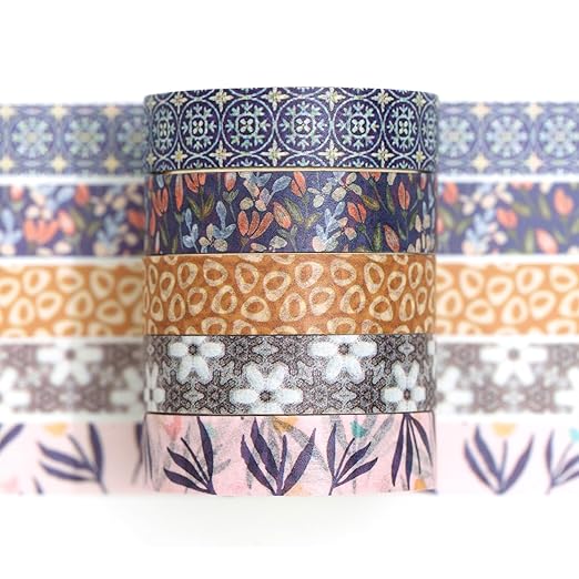 Fantasy Washi Tape Set - 5 Rolls Texture Arts Adhesive Tapes Basic Patterns Decorative Masking Tape Sets for Craft, Kids, Scrapbook, DIY, Gift Wrapping (3-Bohemian Bloom)
