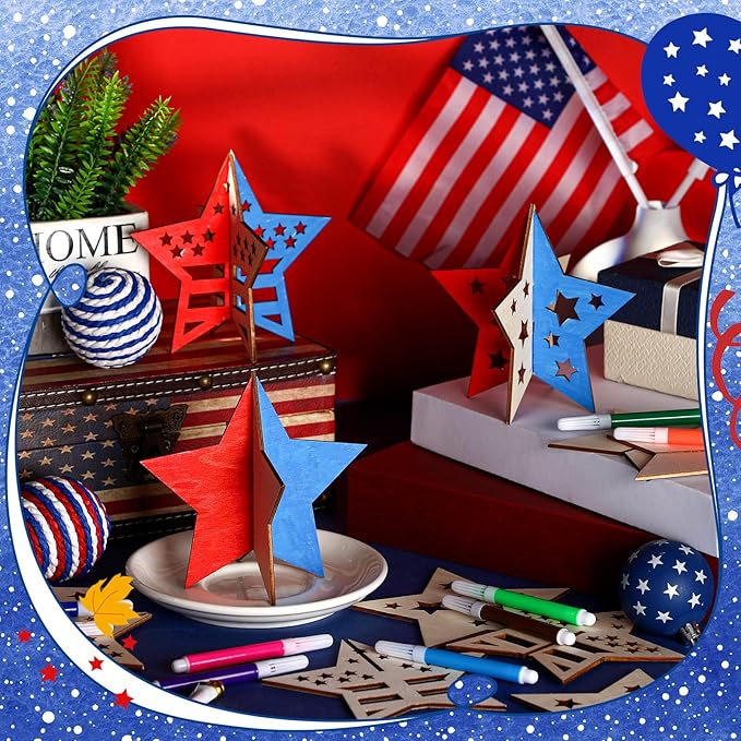 Blosssound 48 Pcs Patriotic Craft Set 36 Wood Stars Crafts 3D Stars Cutouts with 12 Colored Markers 4th of July Wooden Unfinished Slices to Paint for Memorial Day DIY Handmade Tiered Tray Decor