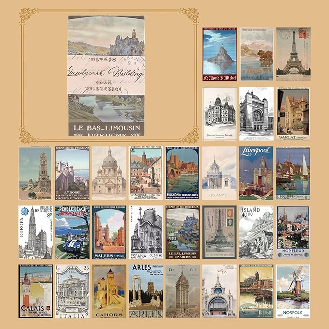 60 Sheets Junk Journal Ephemera Kit, 30 Unique Vintage Scrapbook Paper Patterns for Bullet Journal, Planner Supplies, 3x2 inch (80x50mm) Collage Material (Landmark Buildings)