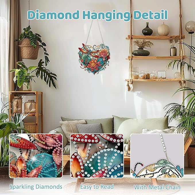 MEIYUDA Dragonfly Diamond Art Hanging Kits for Adult, Glass Lotus Dragonfly Diamond Painting Hanging Kits Ornaments, DIY Special Shaped Rhinestone Window Pendants Kit for Home Garden Wall Decor Gift