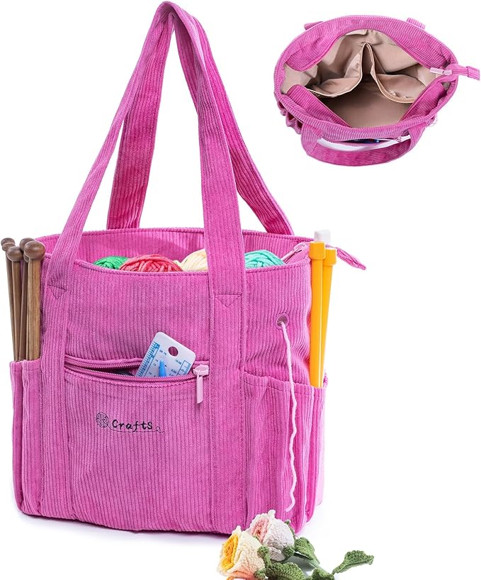 Crochet Bag and Tote - Corduroy Yarn Bag - Yarn Holder for Crocheting - Crochet Storage Bag for Crochet Hooks, Crochet Accessories, Knitting Bag for Crochet Lovers, Mom Gift
