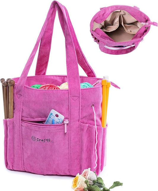 Crochet Bag and Tote - Corduroy Yarn Bag - Yarn Holder for Crocheting - Crochet Storage Bag for Crochet Hooks, Crochet Accessories, Knitting Bag for Crochet Lovers, Mom Gift