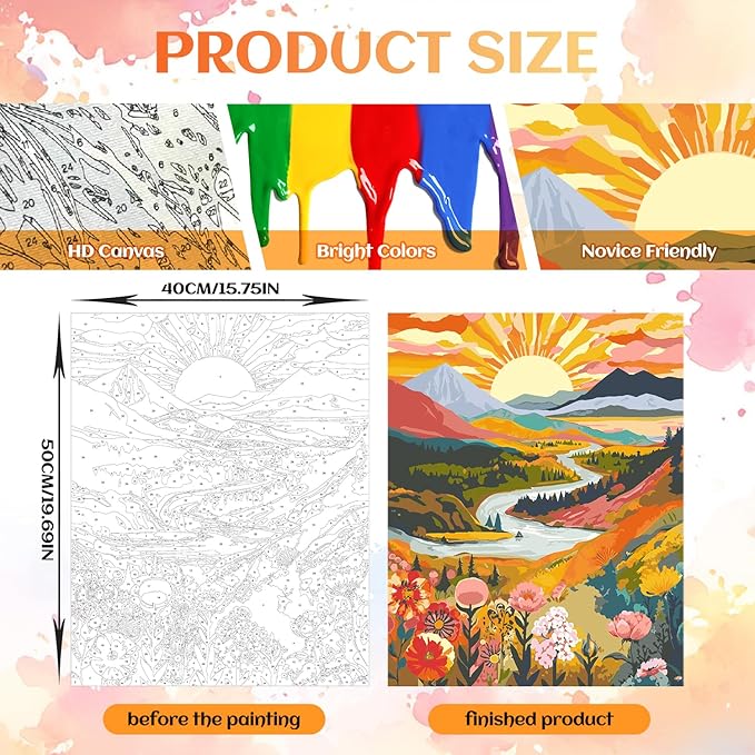 NPCSWXQ Paint By Numbers Kit for Adults Beginners, Sunrise Mountains and Rivers Landscape Painting Crafts Number Art Paint Kits for Home Wall Bedroom Study or Office Decor Gift 16x20Inch