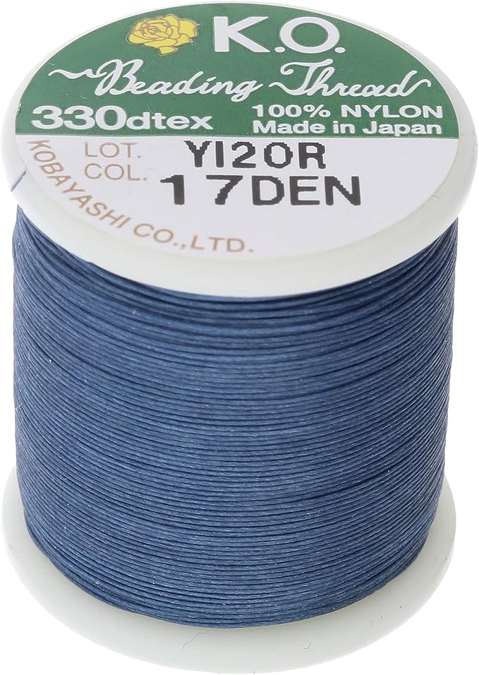 KO Nylon Beading Thread, Denim Blue Color, Japanese Pre-Waxed 100% Nylon, 330TEX, Tangle Resistant Knotting Cords, 50m /55 yds Spool, Use for Seed Bead Projects, Loom Work & Bead Weaving