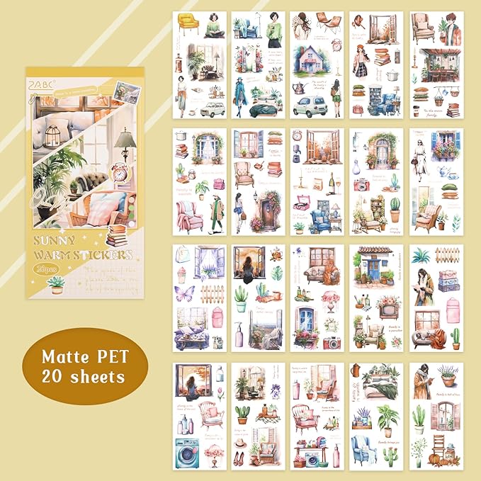 281PCS Pre-Cut Junk Journal Sticker for Adult, 20 Sheets Watercolor Scrapbook Sticker Book, Scrapbooking Supplies Stickers for Planner Cottagecore Decorative DIY Craft Project