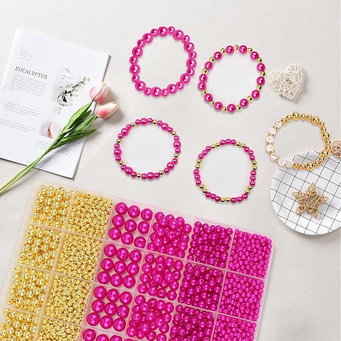 2116 PCS Pearl Beads for Bracelet Making Kit Gold Beads for Jewelry Making Kit Gold Small Spacer Bead Rose Red Pearl Bead for Crafting Charms Necklace Earrings DIY Craft for Women Adult