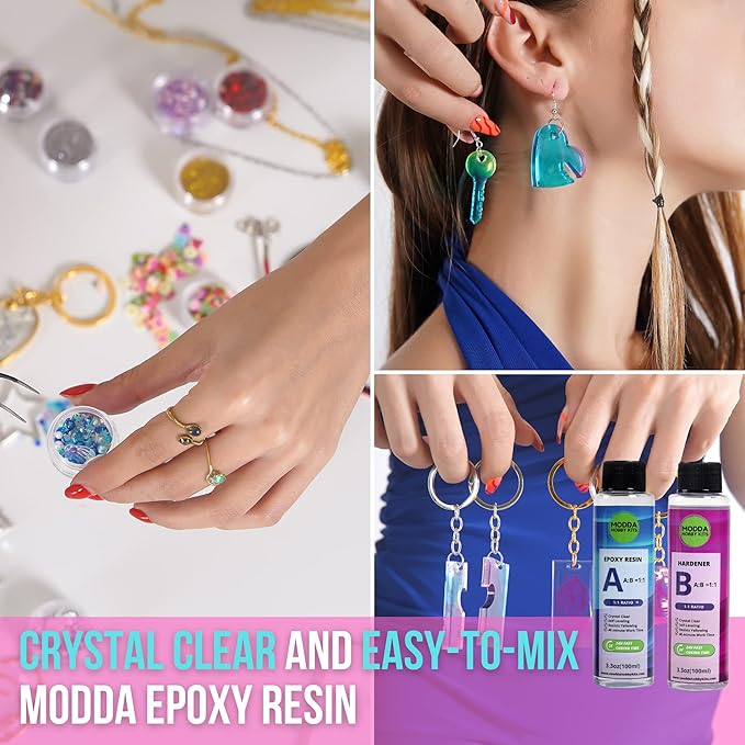 MODDA Epoxy Resin Kit with Video Course, Includes Color Pigment, Silicone molds, Necklace Cord, Earring Hooks for Jewelry Making, Epoxy Resin Starter Kit for Beginners, Adults,Complete Craft Set