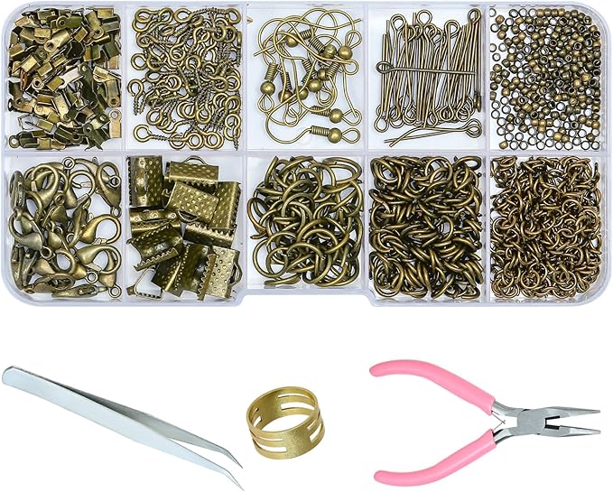Gacuyi Jewelry Making Supplies Kit, Jewelry Repair Tools Kit with Pliers, Open Jump Rings, Lobster Clasps, Earring Hooks, Eye Pins, Findings and Beading Wires for Adults and Beginners (Bronze)