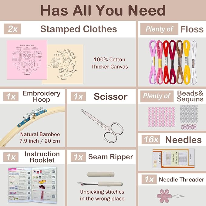 bradove lunar new year beginners embroidery kit for adults kids, learn to embroider oriental patterns, stitches kit, bead embroidery kit, beginner embroidery practice