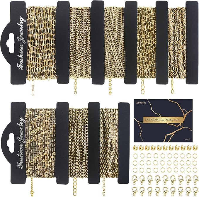 14k Gold Necklace Chains for Jewelry Making, Total 27 Feet 8 Rolls Bracelet Chains for DIY, 3.3 Feet Each Style, 14K Gold Plated Chain with Jump Rings/Lobster Clasps/Connectors