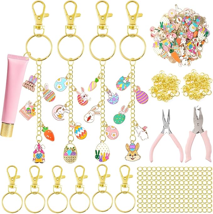 254 Pcs Cute Easter Charms Lip Gloss Keychain Making Kit Include Assorted Bunny Egg Rabbit Enamel Charms Keychain Clips Extender Chains Jump Ring DIY Jewelry Crafts Gifts for Women Adults
