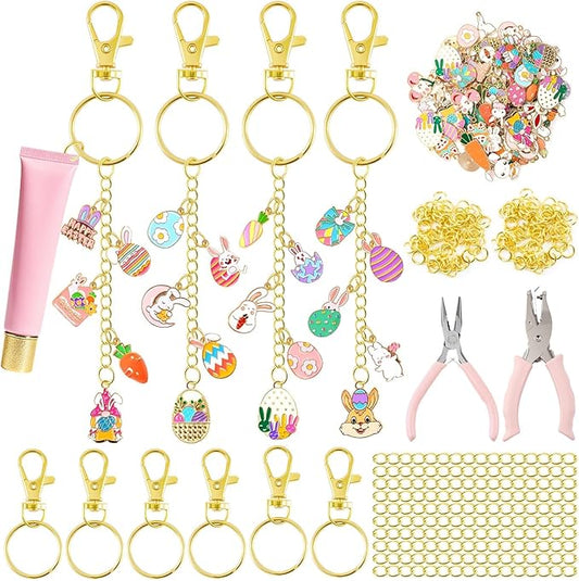 254 Pcs Cute Easter Charms Lip Gloss Keychain Making Kit Include Assorted Bunny Egg Rabbit Enamel Charms Keychain Clips Extender Chains Jump Ring DIY Jewelry Crafts Gifts for Women Adults