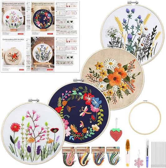 WKALXJ 4 Sets Embroidery Kits for Beginners Cross Stitch Kits Needlepoint Kits Crafts for Adults with Tools, Threads, Instructions, Needle Point Kits with Flower Stamped Patterns (Flowers A)