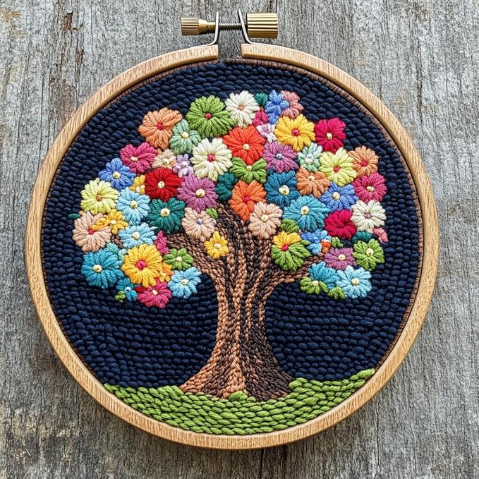 DIY Punch Needle Kits Life Colorful Tree Easy for Beginners Punch Needle Embroidery Set with Hoop Stamped Pattern for Craft Lovers and Home Decor-2