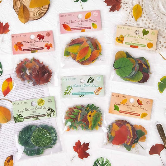 Doukado 240 Pieces Botanical Leaf-Themed Landscape PET Sticker, Waterproof Transparent Natural Leaf Stickers for Scrapbooking, Journaling, Creative Journal Supplies and DIY Crafts