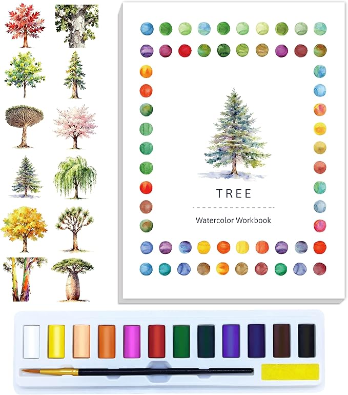 Watercolor Workbook Creative Fruit Water color Paint Book Set with Paints & Brush, 12 Patterns of Original DIY Designs, Beginner-Friendly Adult Coloring Books (Tree)